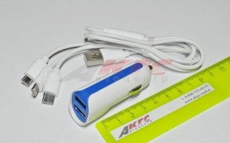 Зарядное устройство 12V microUSB/Type-C/Lightning USBх2 (1.0А+2.1А) 100 см. SW белый/синий в коробке (D35-blue (00000187780))